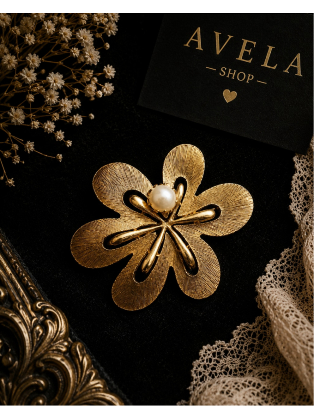 Vintage Alan J Gold Tone Flower Brooch w/ Faux Pearl Accent – Signed (Worn Mark)